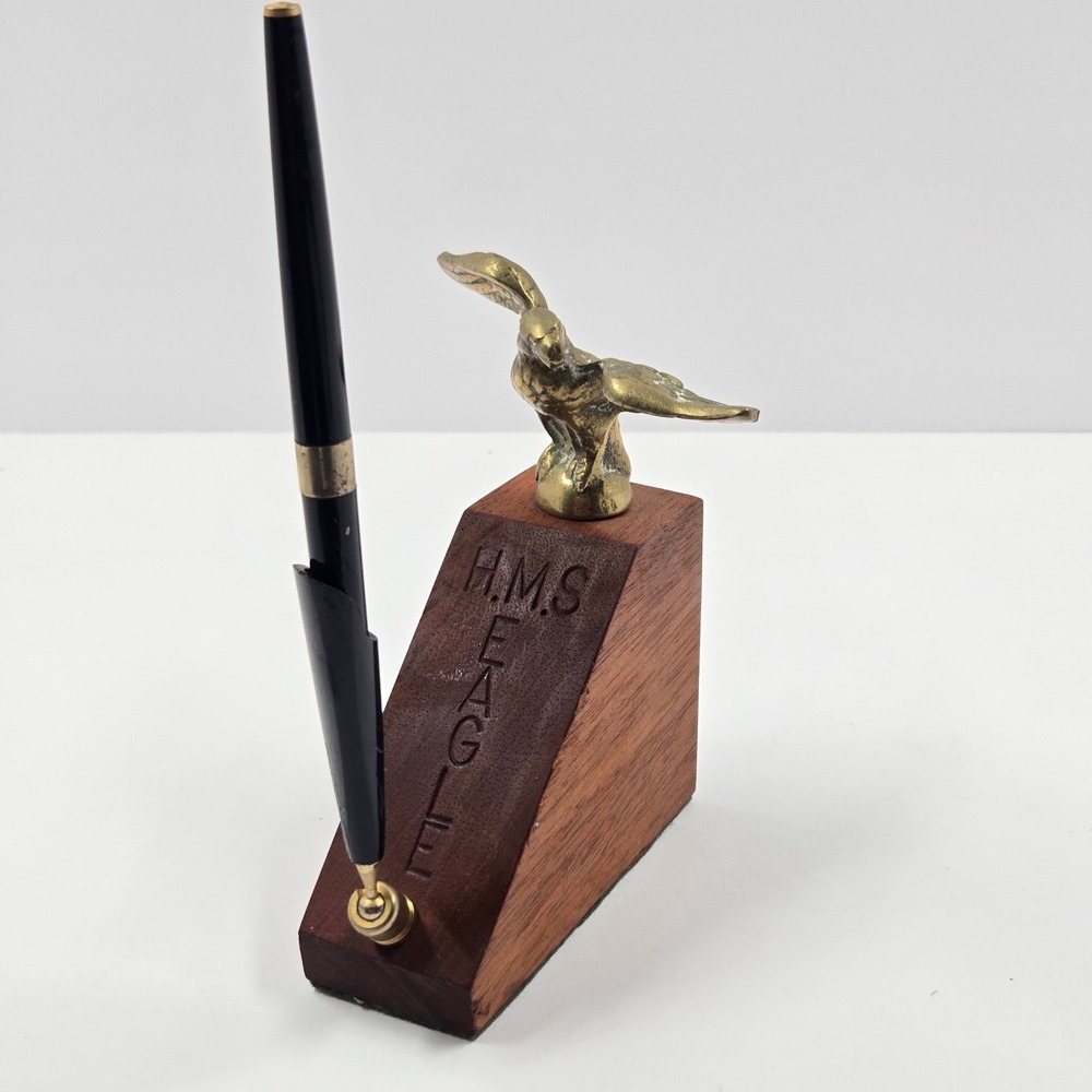 Vintage HMS Eagle Wood Desk Pen Set Brass Eagle Figurine Mechanical Pencil Navy